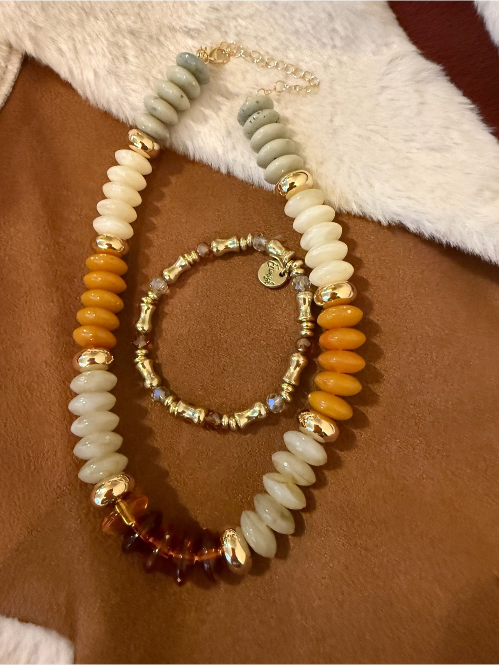 Gold-Accent Beaded Necklace in White, Orange & Amber & Erimish bracelet NWOT